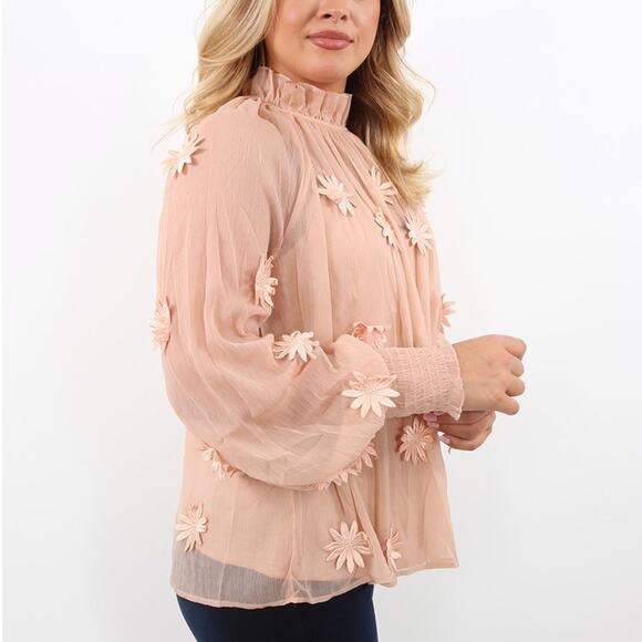 FRENCH CONNECTION Aziza Lace Long Sleeve Top Clay Nude Floral Applique {Q50} - Picture 2 of 7